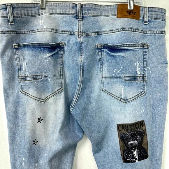 KLEEP Light Wash Denim Streetwear Stacked Skinny Jeans Distressed Patched Men 42 - Picture 6 of 11